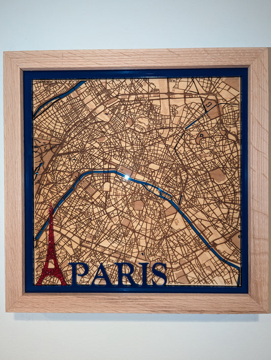 Paris, France 3D Layered Laser Map, 12x12, Framed