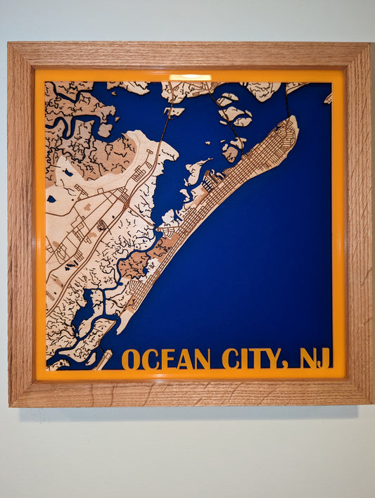 Ocean City, NJ 3D Layered Laser Map, 12x12, Framed