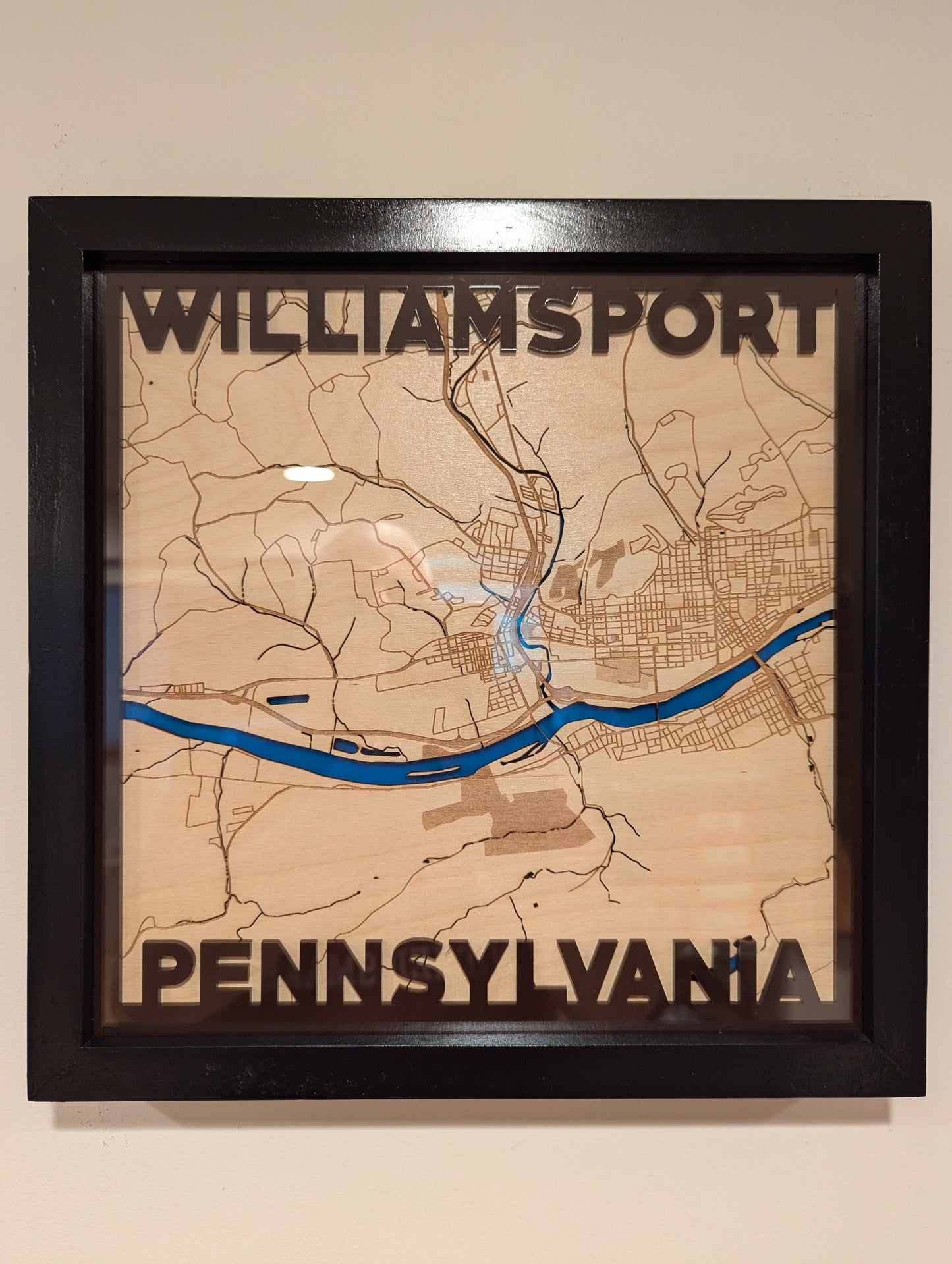 Williamsport, PA 3D Layered Laser Map, 12x12, Framed