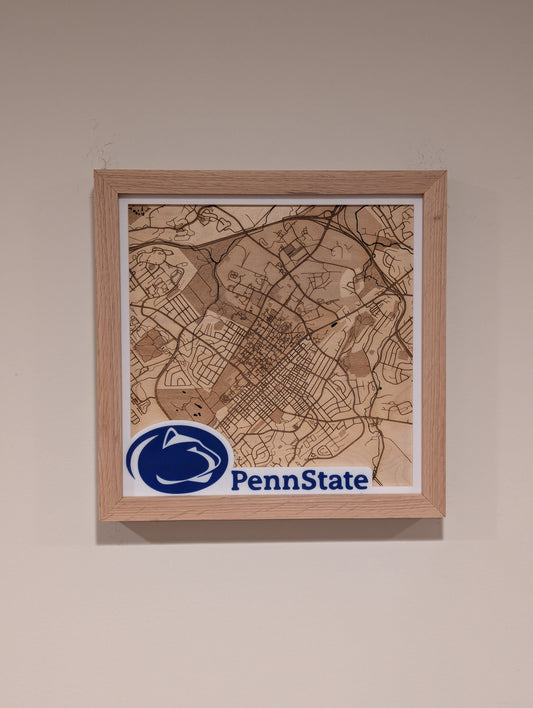 Penn State/State College, PA 3D Layered Laser Map, 12x12, Framed