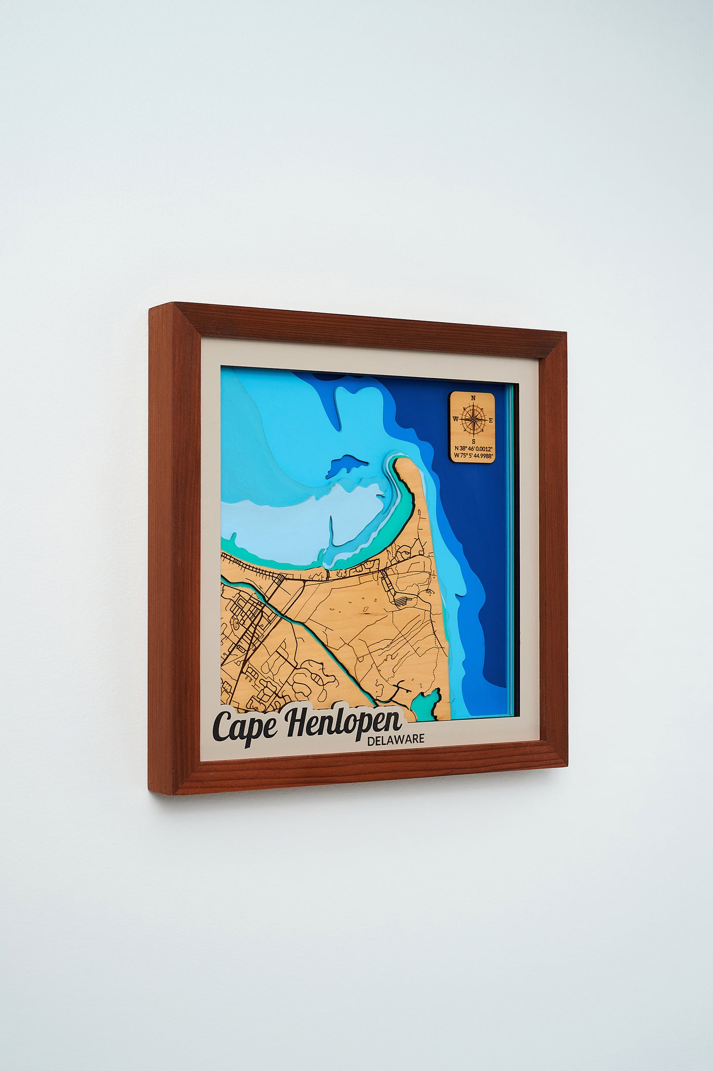 Lewes/Cape Henlopen State Park, DE 3D Layered Relief Laser Map with Bathymetry, 12x12, Framed