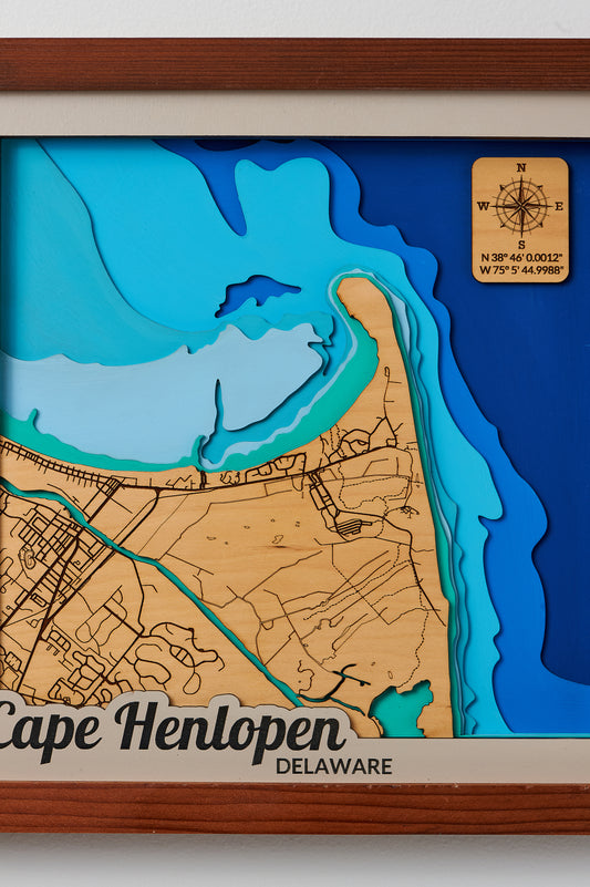 Lewes/Cape Henlopen State Park, DE 3D Layered Relief Laser Map with Bathymetry, 12x12, Framed