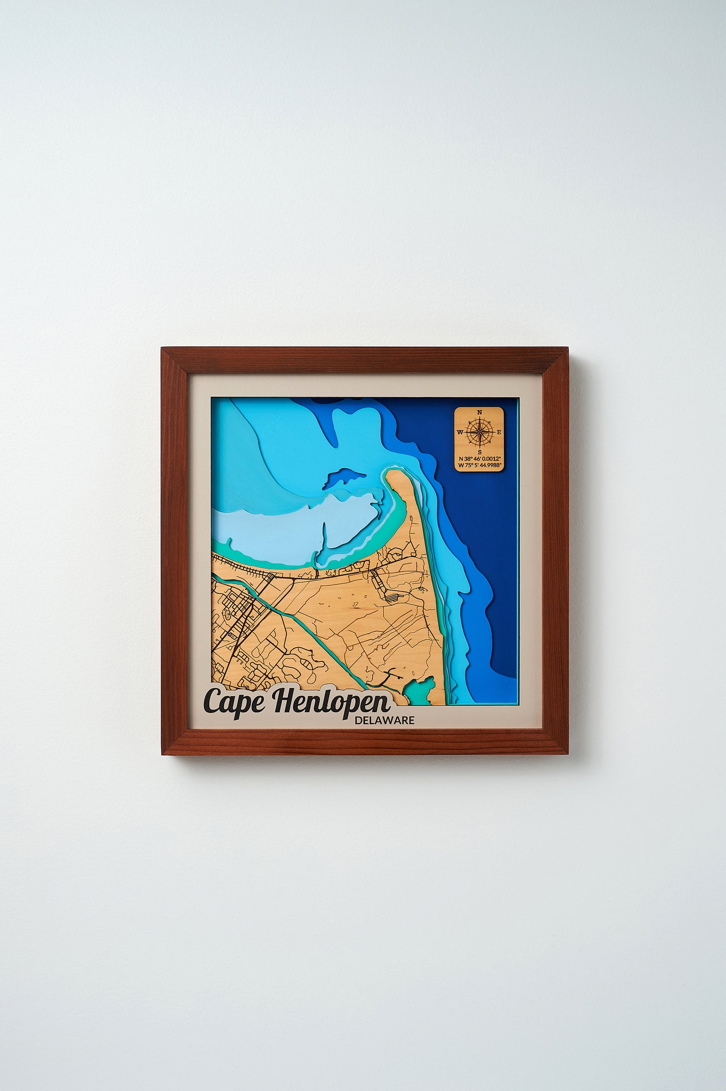 Lewes/Cape Henlopen State Park, DE 3D Layered Relief Laser Map with Bathymetry, 12x12, Framed