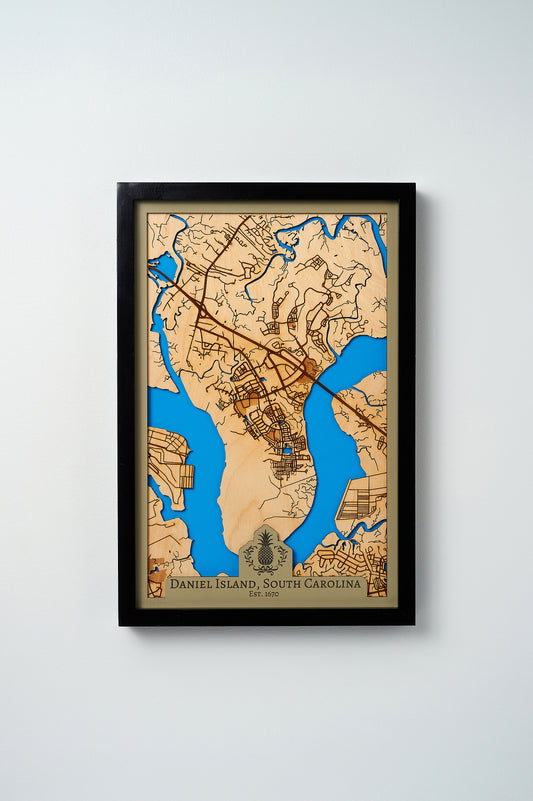 Daniel Island, SC 3D Layered Laser Map, 12x18, Framed