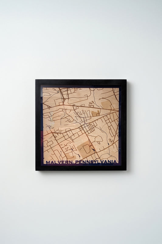 Malvern, PA 3D Layered Laser Map, 12x12, Framed