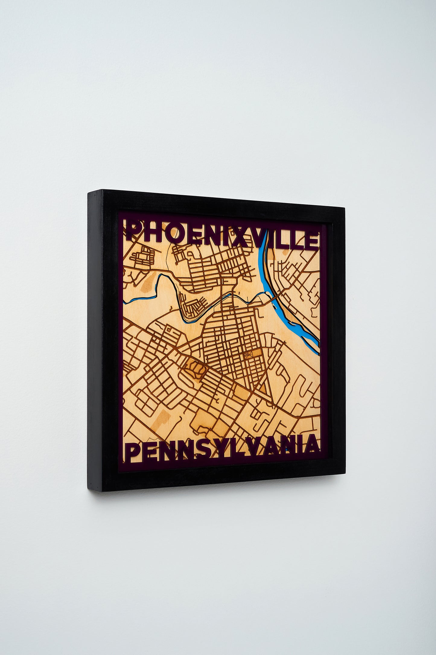 Phoenixville, PA 3D Layered Laser Map, 12x12, Framed