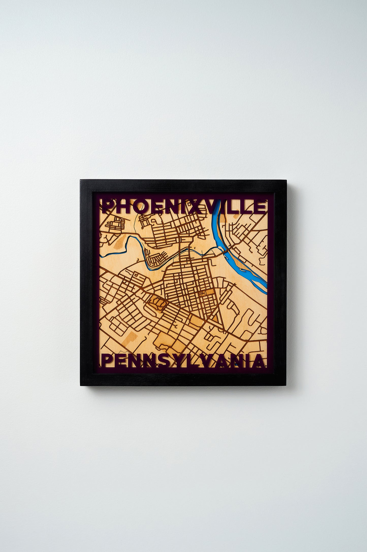 Phoenixville, PA 3D Layered Laser Map, 12x12, Framed